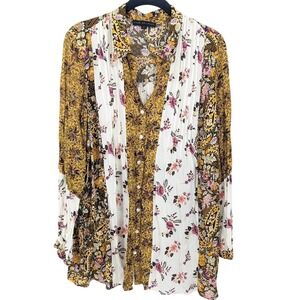 Jane + Delancy Tunic Blouse XL Yellow Mixed Print Button Up Long Sleeve Top Boho